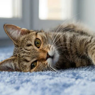 a cat lies on a rug waiting for cat food