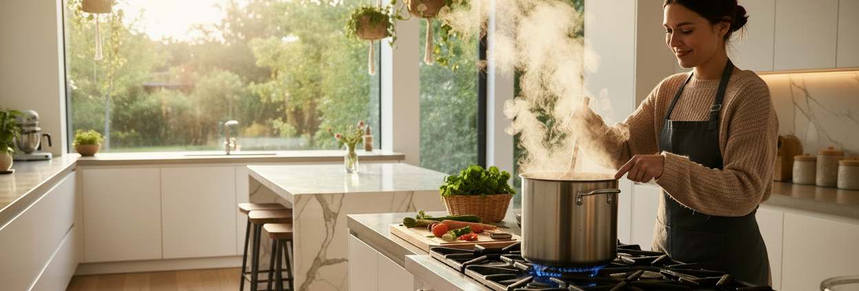 A woman wearing a beige cardigan and dark apron stirs a large pot of steam on a gas stove in a modern, sunlit kitchen.