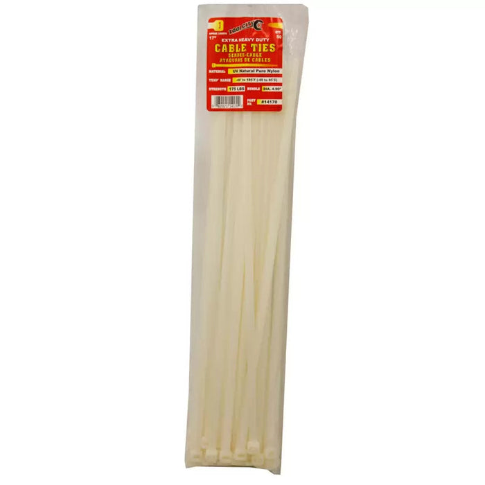 Tool City 17" Extra Heavy Duty White Cable Tie 50 Pack