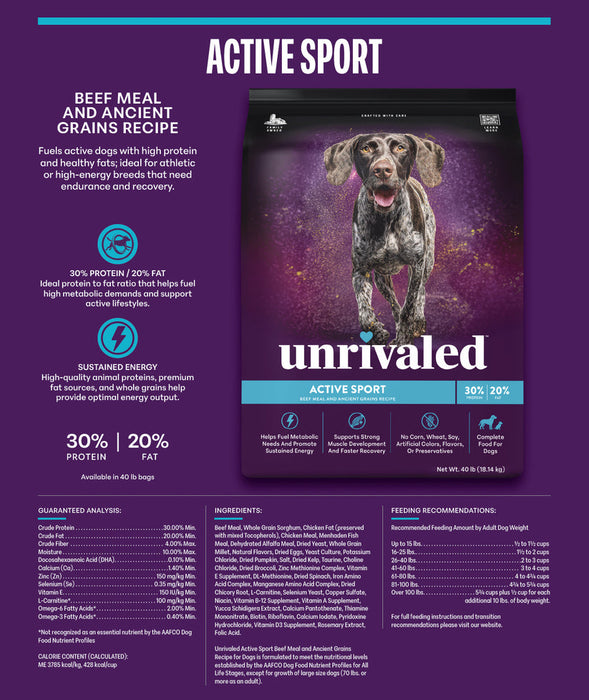 Unrivaled Active Sport Beef Meal and Ancient Grains Recipe 30/20 Dog Food