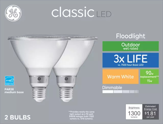 GE Lighting Classic Warm White 90W Replacement LED Light Bulb Outdoor Floodlight PAR38 (2-Pack)