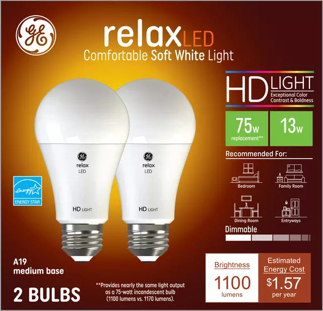 GE Lighting GE Relax HD Soft White 75W Replacement LED Indoor General Purpose A19 Light Bulbs (2-Pack)