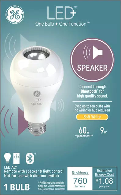 GE Lighting LED+ Speaker Light Bulb, Soft White, Bluetooth Speaker, No App or Wi-Fi Required, Remote Included, A21 Light Bulb
