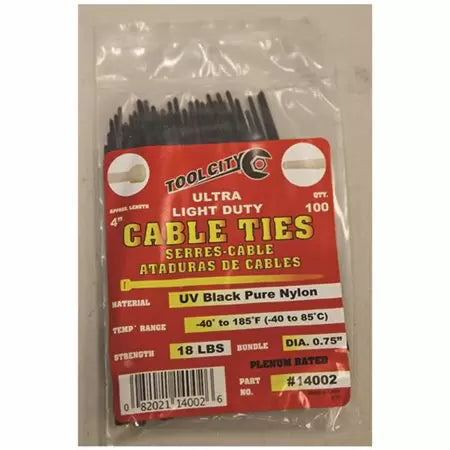 Tool City Ultra Light Duty Cable Ties Pure Nylon Black 18 lbs 4" 100 Pack