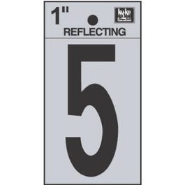 Address Numbers, "5", Reflective Black/Silver Vinyl, Adhesive, 1-In.
