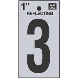 Address Numbers, "3", Reflective Black/Silver Vinyl, Adhesive, 1-In.