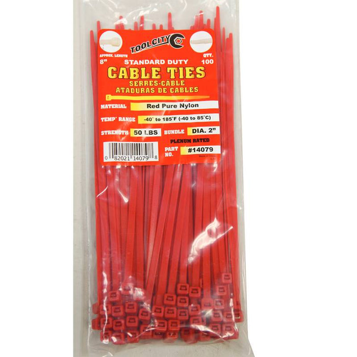 Tool City 8" Large Red Nylon Cable Ties, 100 Pack